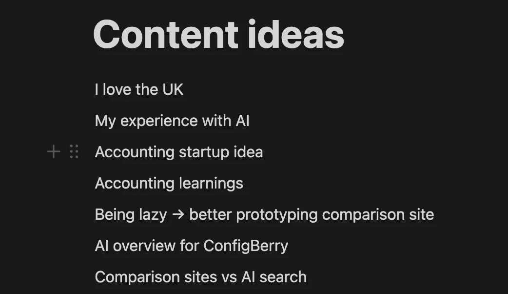 Notion page for blog post ideas
