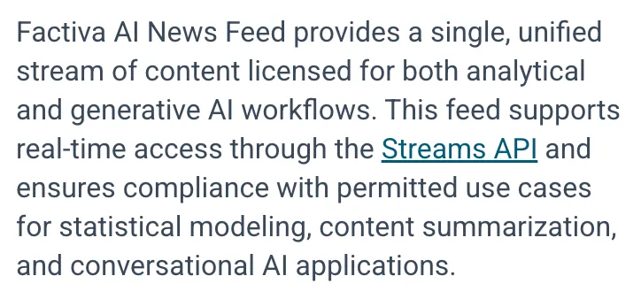 Factiva offering news feeds for AI