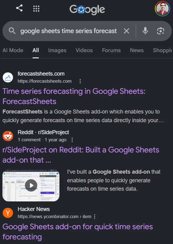 top of Google search results