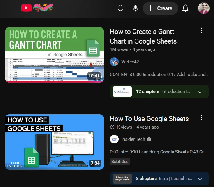 YouTube search results